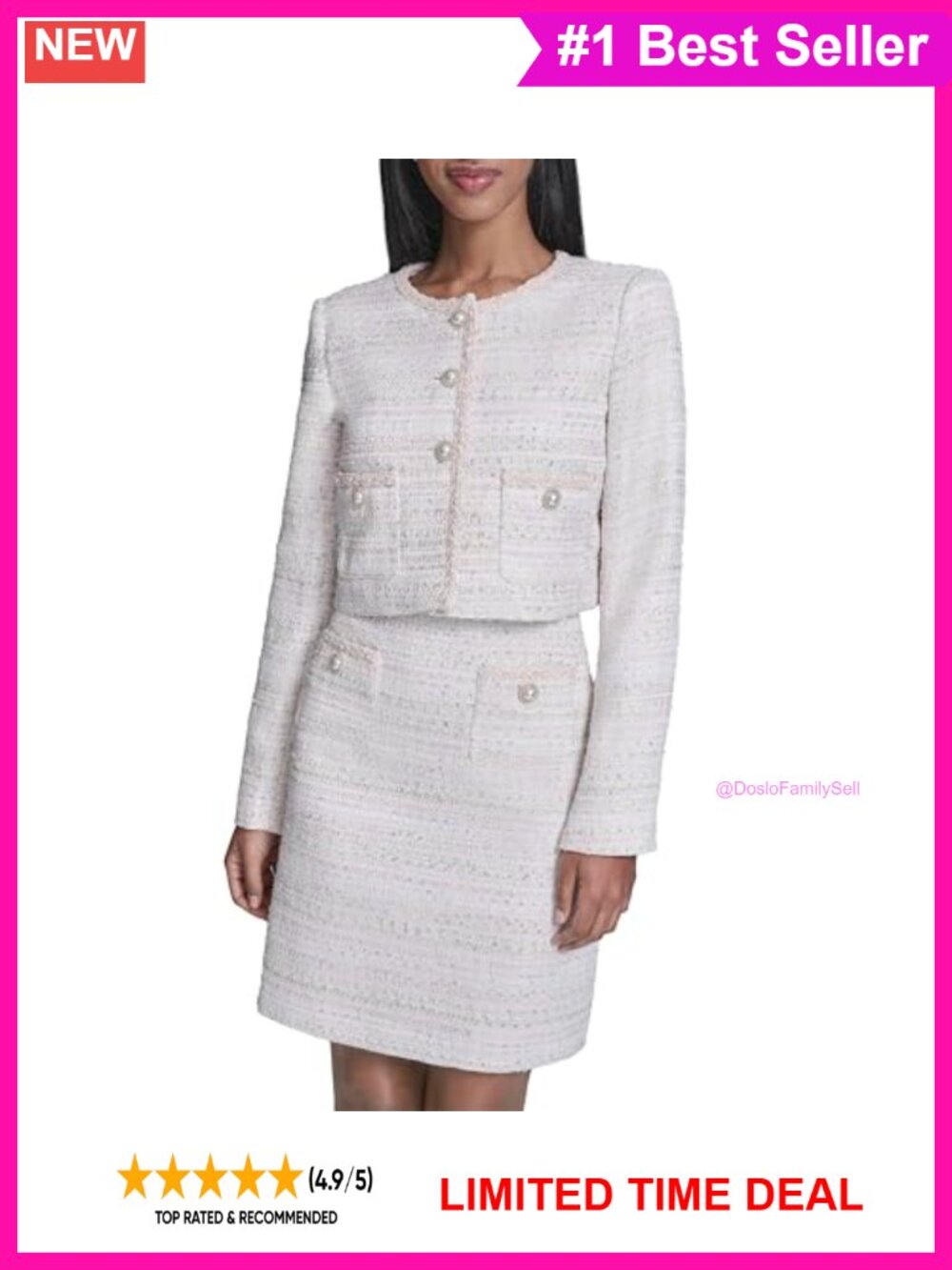 Metallic Tweed Long Sleeve Pull On Jacket Button Crew Neck Polyester